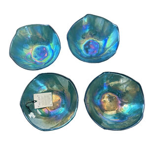 4 AKCAM Turkish Blue Iridescent Glass STARFISH Bowl Set Dessert Candy Dish Ocean
